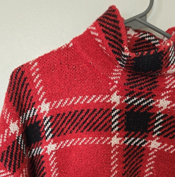 Zara Plaid Knit Sweater Red Black Mock Neck Size L - Picture 5 of 9